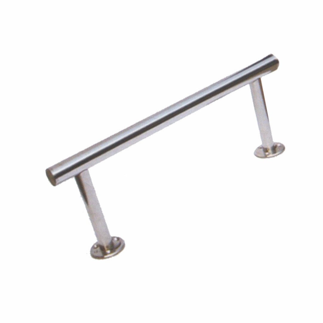 A metal footrest accessory for a salon chair, featuring a slim metallic bar with two protruding rods at the base.