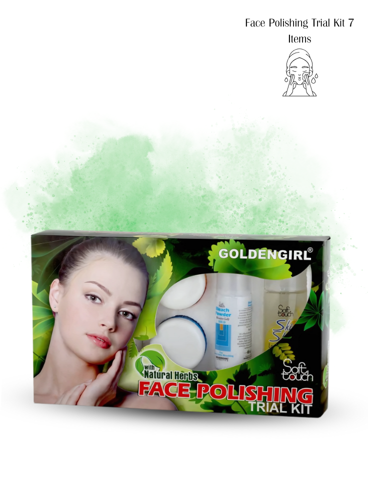 Goldengirl Face Polishing Trial Kit packaging with a model and product on a white background