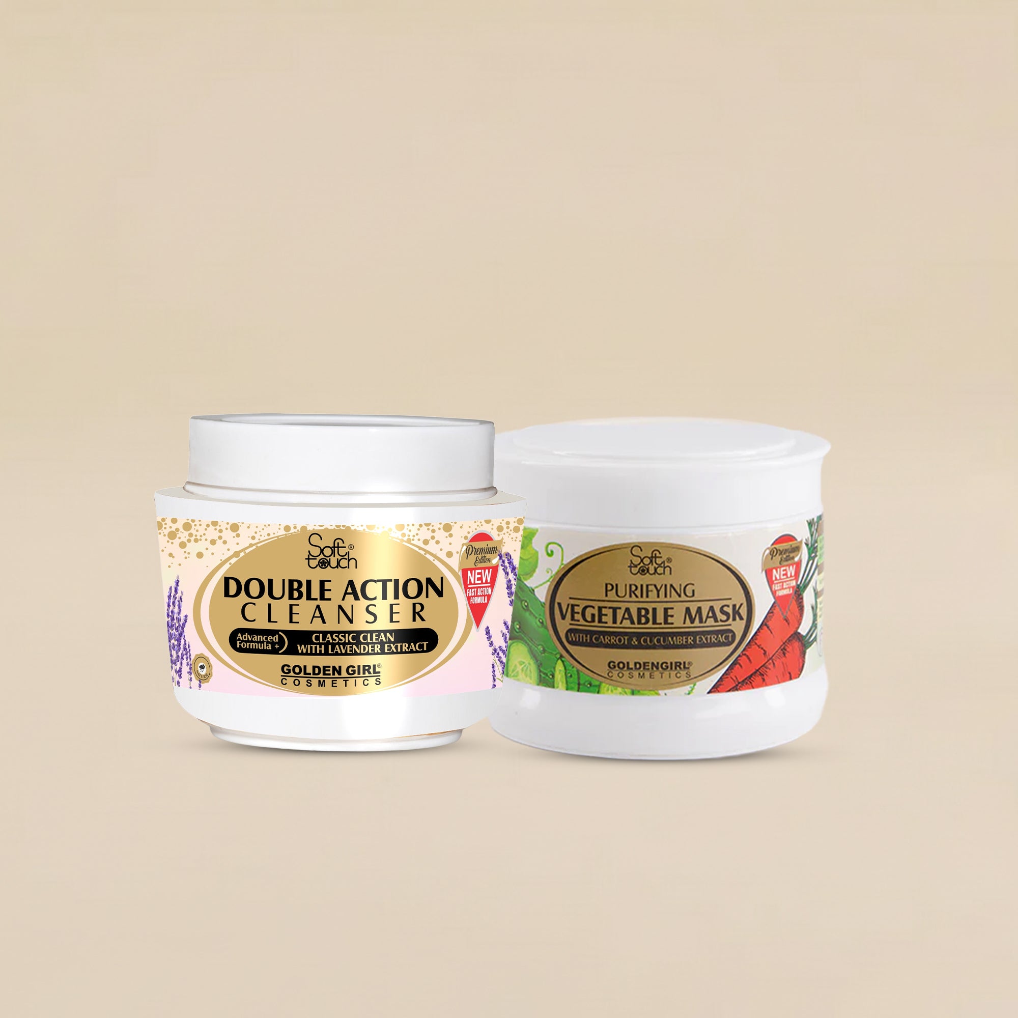 Two cosmetic jars labeled 'Double Action Cleanser' and 'Vegetable Mask' on a beige background.