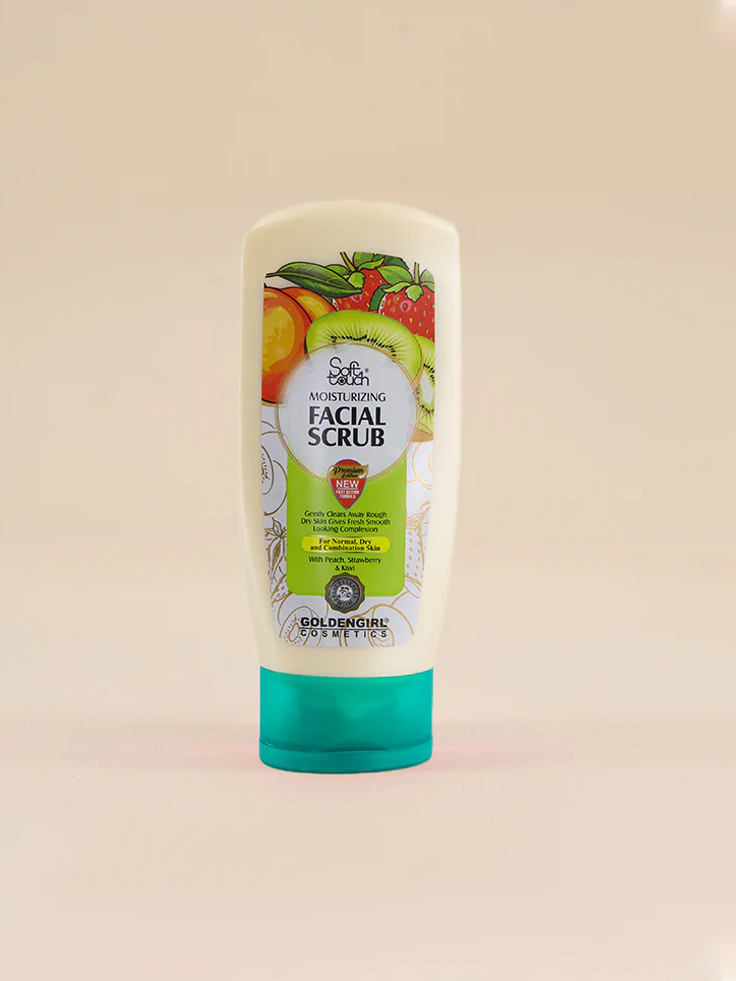 Facial scrub bottle with fruit illustrations on a beige background