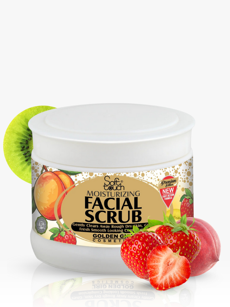 Facial scrub jar with fruit-themed packaging on a white background