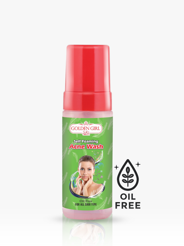 Golden Girl Self Foaming Acne Wash bottle with red cap on a white background