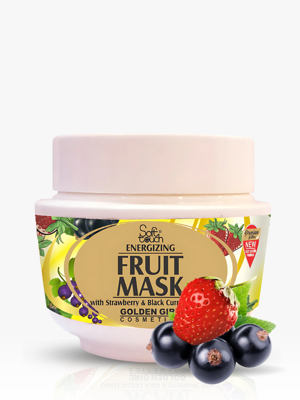 Jar of Soft Touch Fruit Mask with strawberries and black currants on a white background
