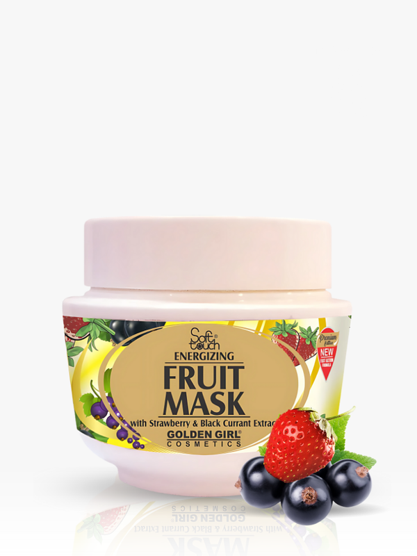 Fruit mask jar with strawberry and black currant on a white background