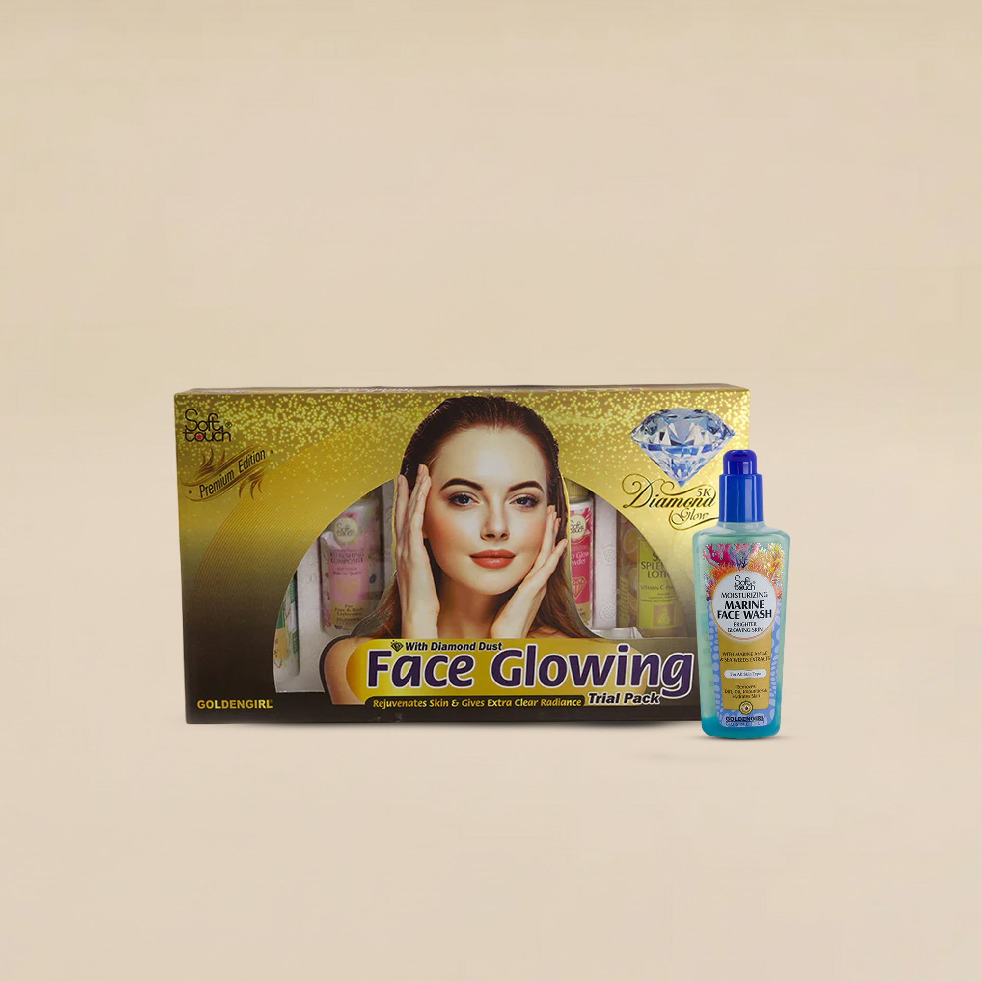 Diamond Face Glowing product packaging with a bottle on a beige background
