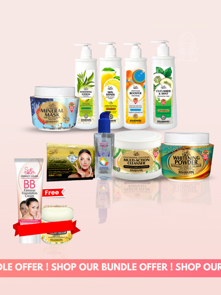 Collection of skincare products on a pink background with promotional text.