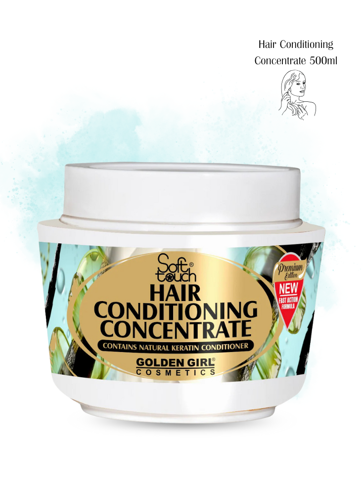 Hair conditioning concentrate container with branding on a light blue background