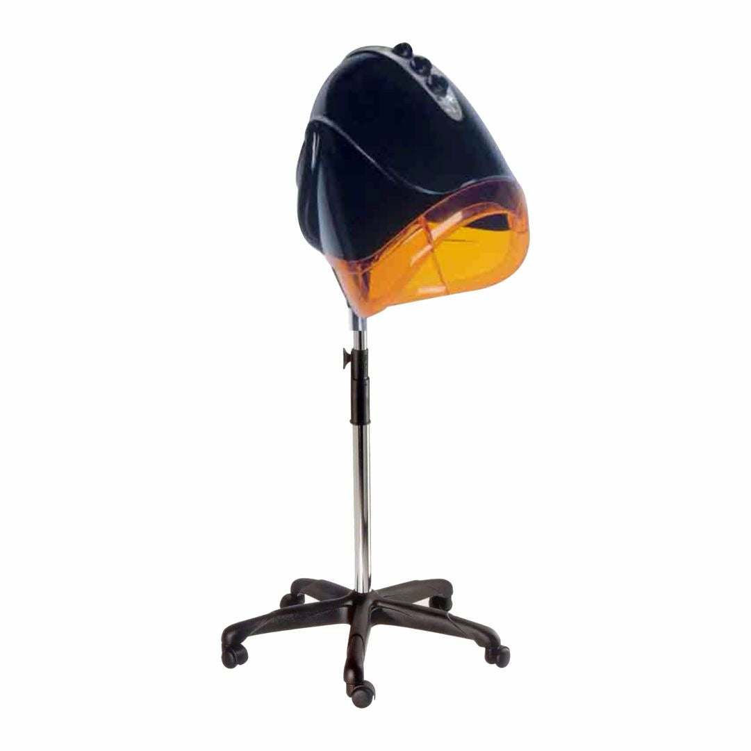 A stand-alone hair steamer with a black and orange color scheme, featuring a dome-shaped top and a base with wheels for mobility.