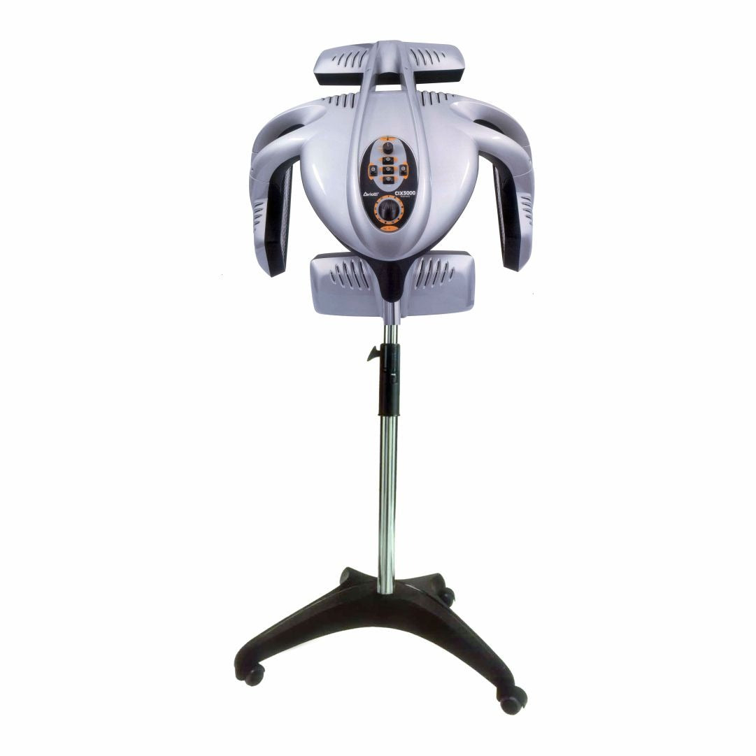 A stand-alone hair steamer with a metallic silver body and black accents, mounted on a black stand with a digital control panel.