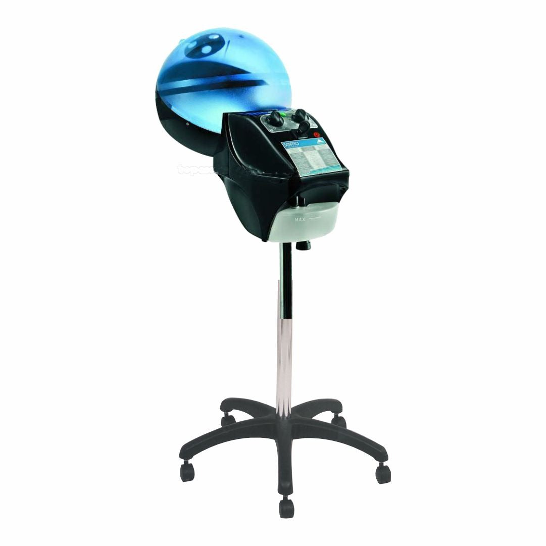 A stand-alone hair steamer with a black body and a blue-colored dome on top, mounted on a three-wheeled base.