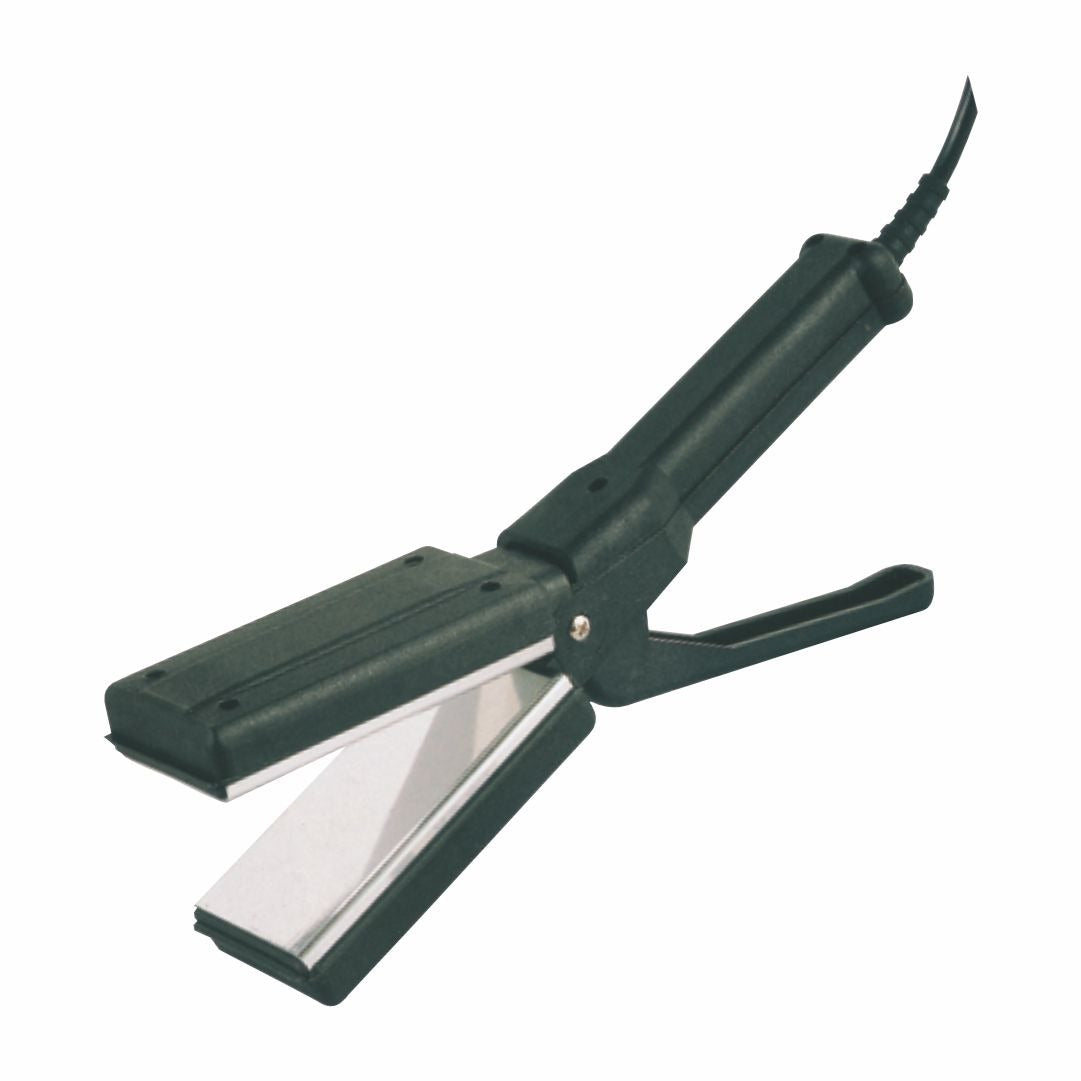 A black hair straightener with a heating element and a swivel power cord.