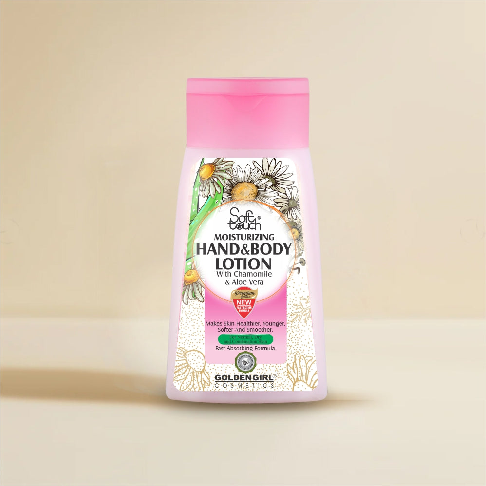 Hand and body lotion bottle with pink cap and floral design on a beige background
