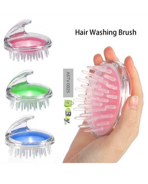 An image showing three scalp massagers in pink, green, and blue colors, each with a compact, rounded design featuring numerous raised massage points.