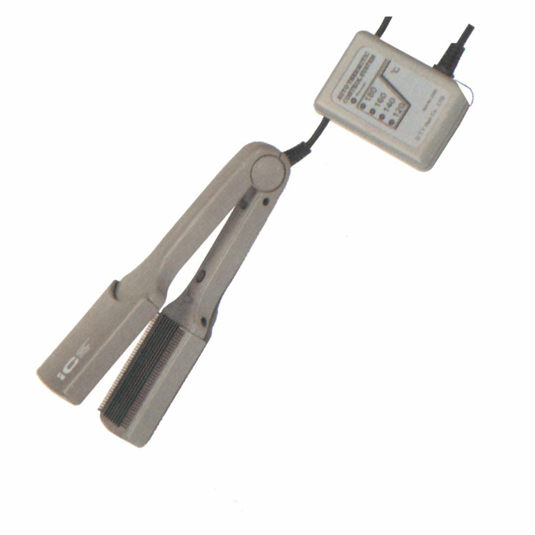 A hair straightener with a grey color scheme, consisting of two plates and a handle, connected to a power source.