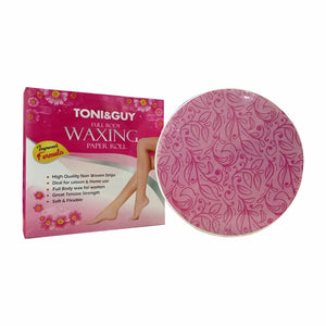 Packaging and roll of waxing paper with a floral pattern, indicating the product is for hair removal and comes from the brand Toni&Guy.