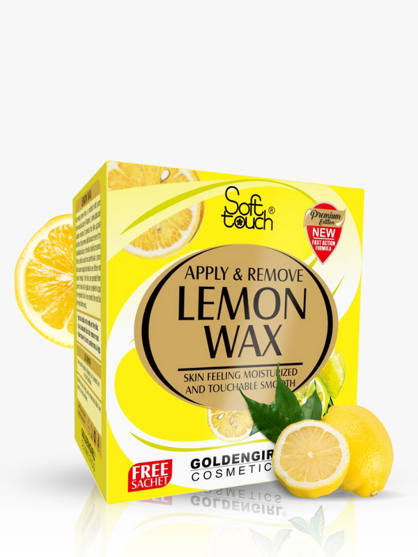 Box of Soft Touch Lemon Wax with lemon slices on a white background