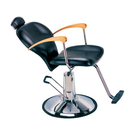 A professional makeup chair with a black metal frame, chrome details, and a brown padded seat and backrest.