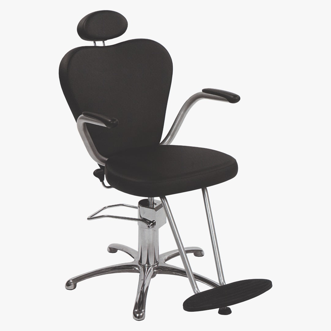 A black salon chair with a chrome frame and adjustable height, featuring a hard backrest and seat, and a round base with wheels.