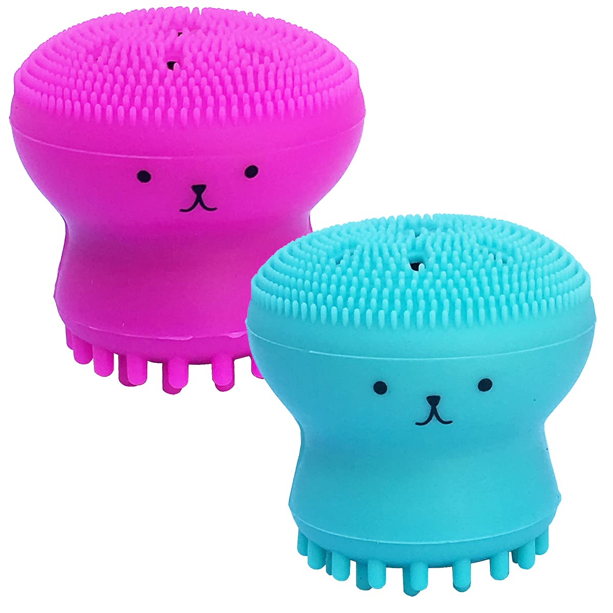 Two makeup remover tools with a cartoonish design, one in pink and the other in blue, against a white background.