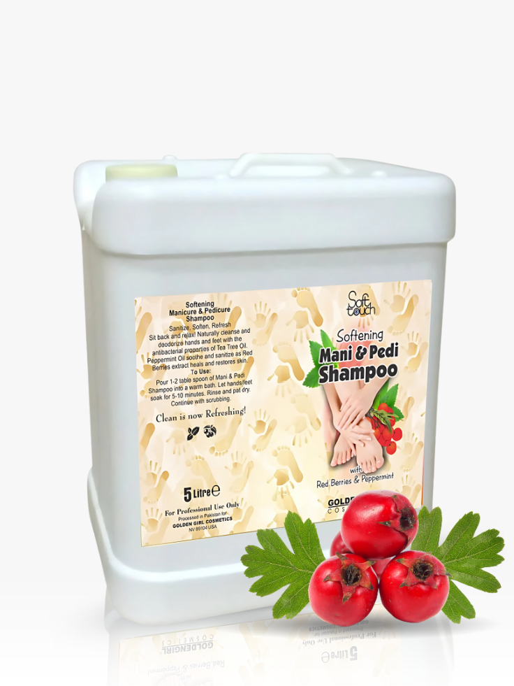 Manicure and pedicure shampoo container with a label and red berries on a white background