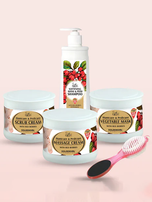 Set of skincare products with red berry design on a pink background