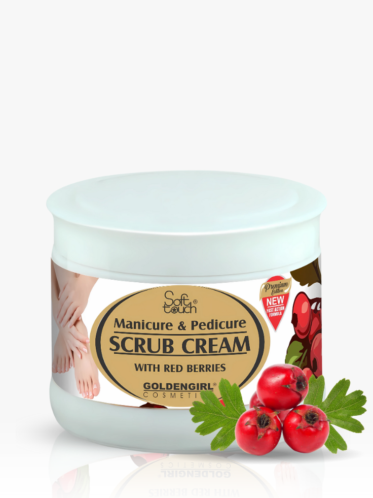 Manicure and Pedicure Scrub Cream jar with red berries on a white background