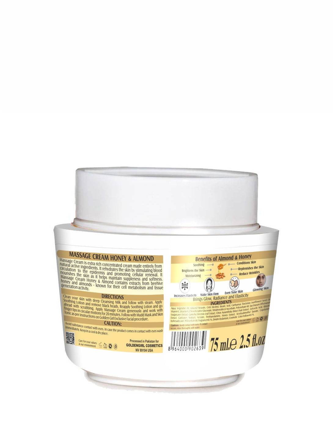Jar of massage cream with honey and almond scent on a white background