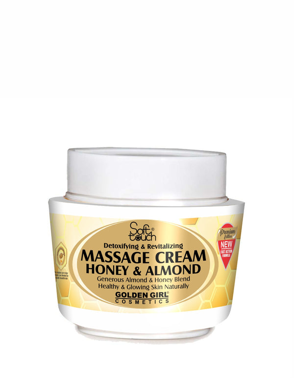 Jar of massage cream with honey and almond scent on a white background