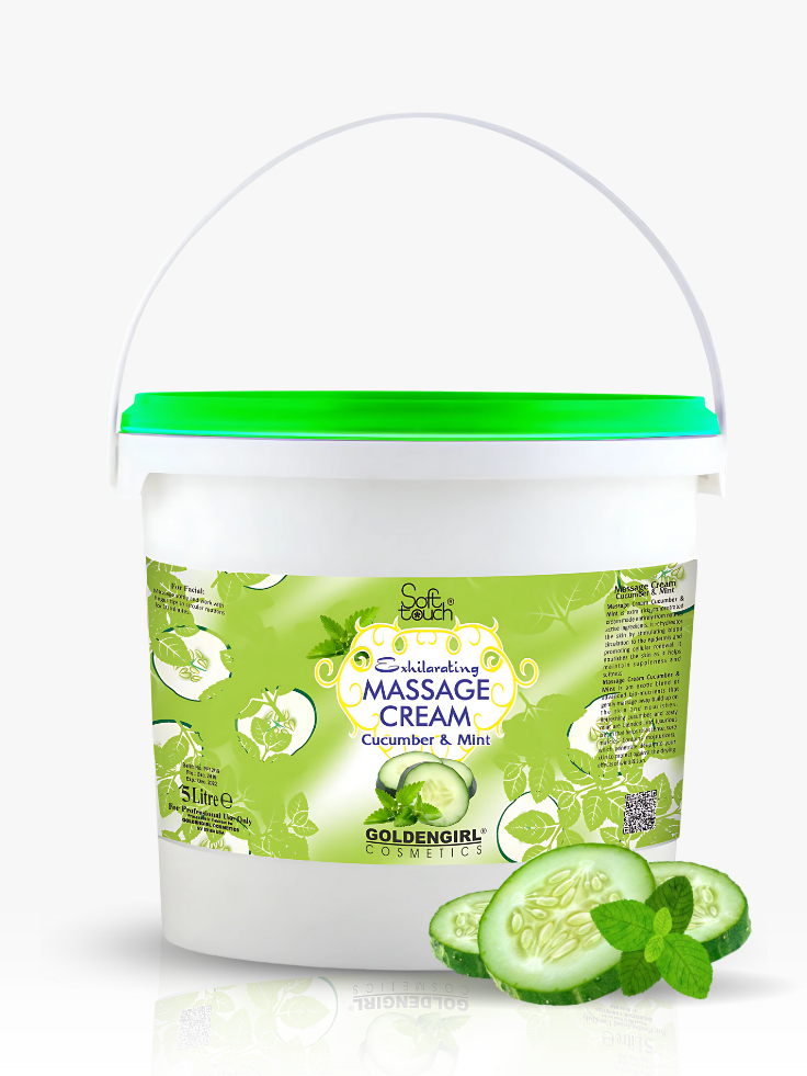 Massage cream container with cucumber and mint design on a white background