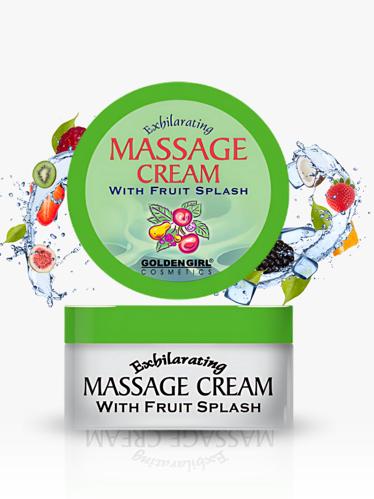 Massage cream container with fruit splash design on a white background