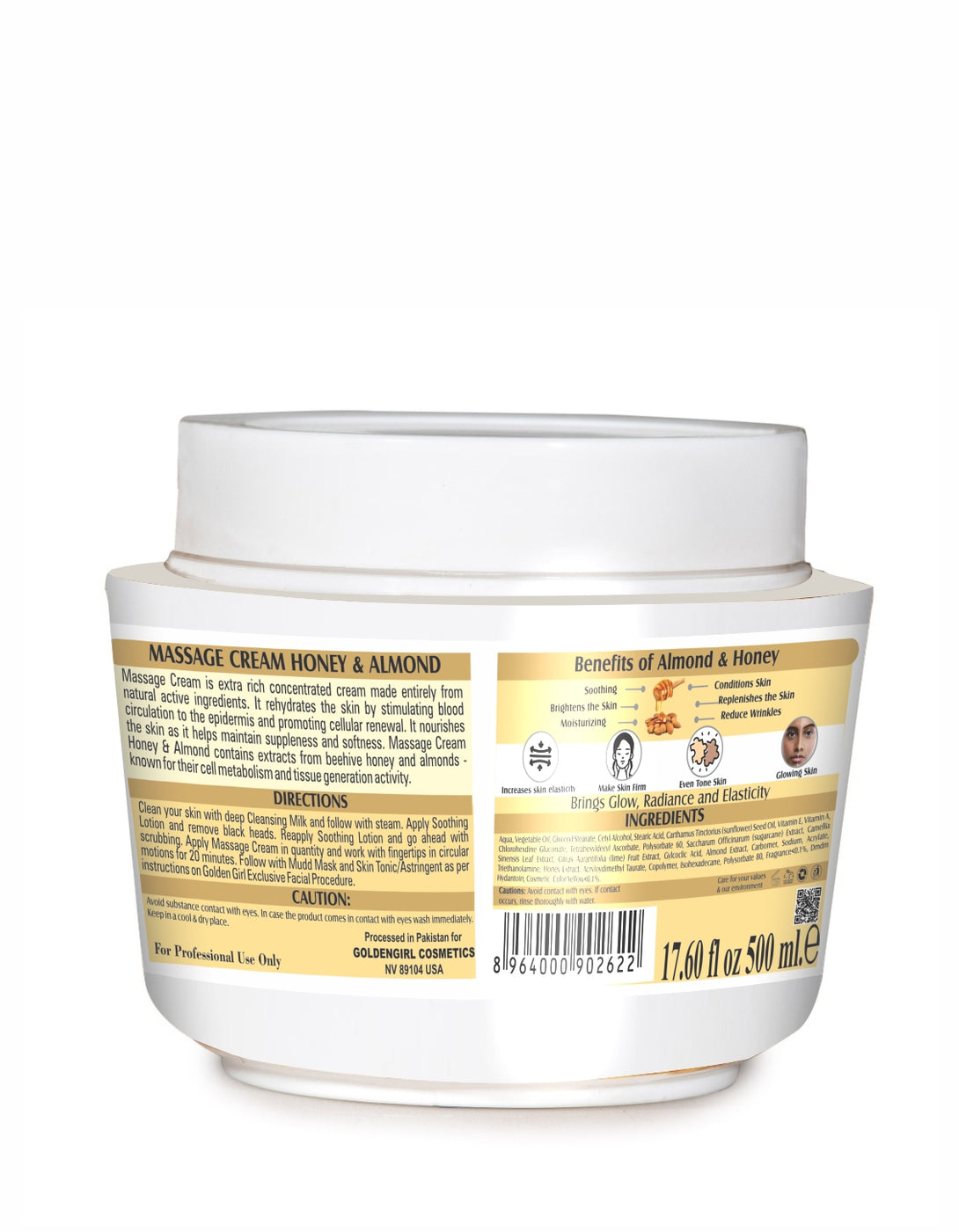 Jar of massage cream with honey and almond ingredients on a white background