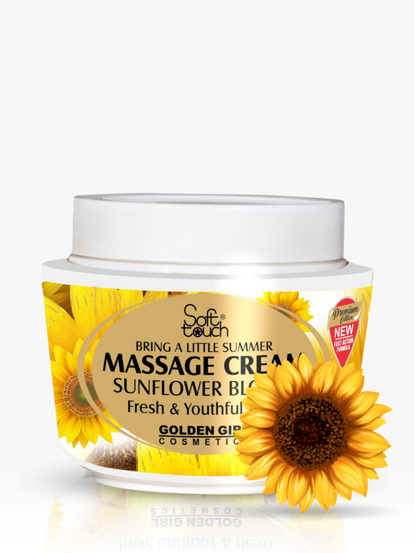 Jar of massage cream with sunflower design on a white background