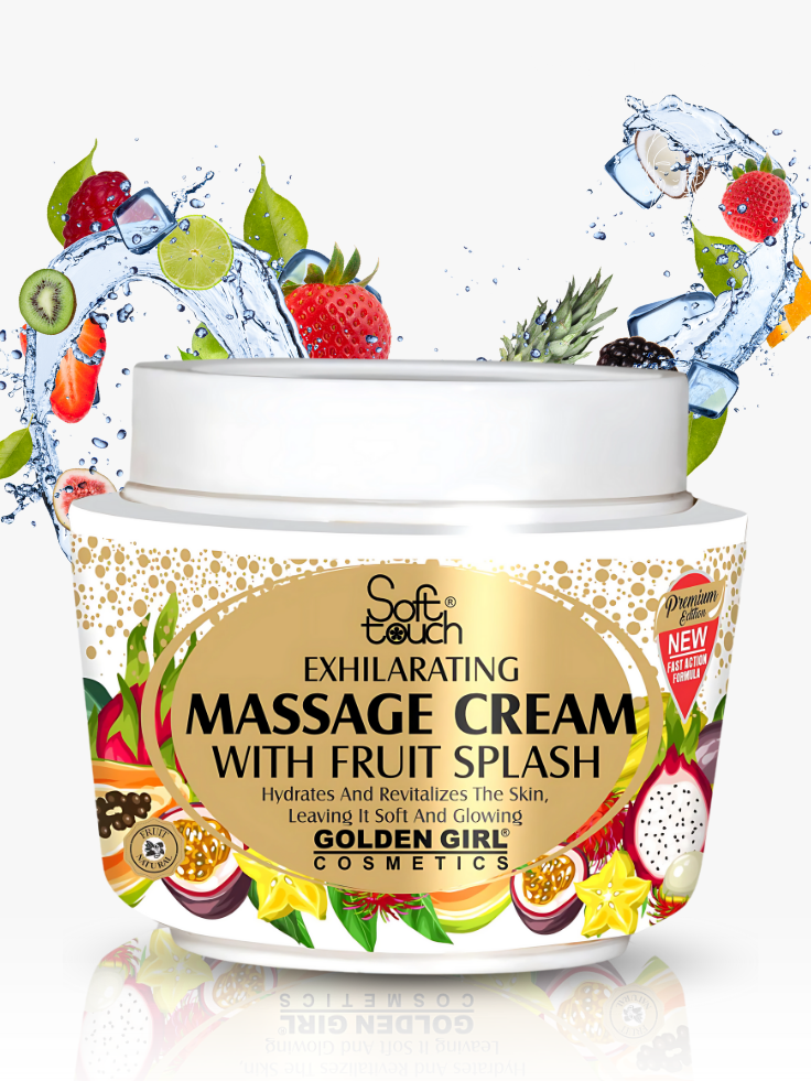 Massage cream container with fruit-themed design on a white background
