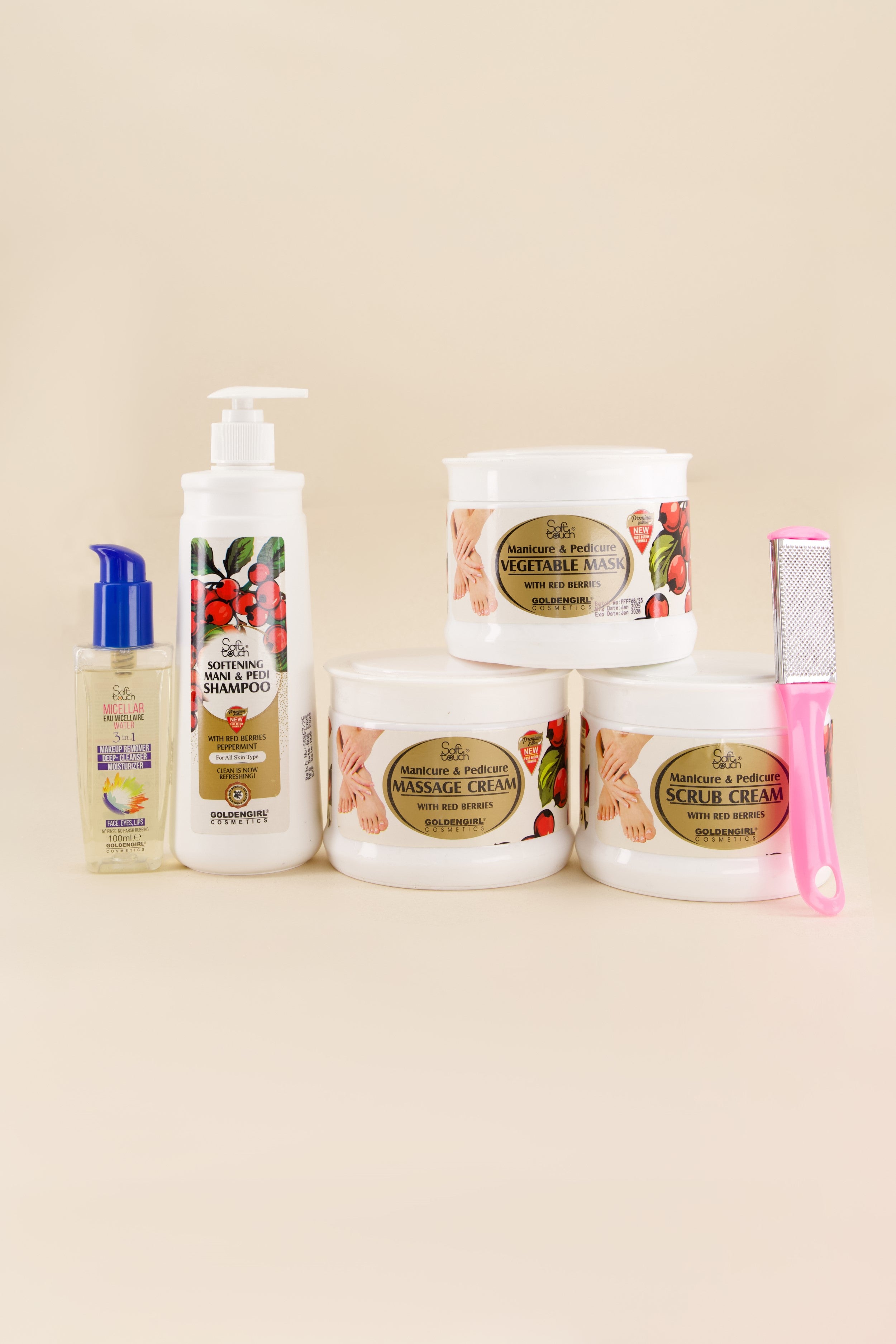 Collection of skincare and hair care products on a beige background