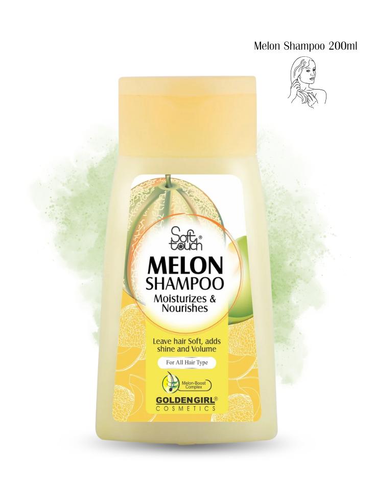 Melon shampoo bottle with label on a white background