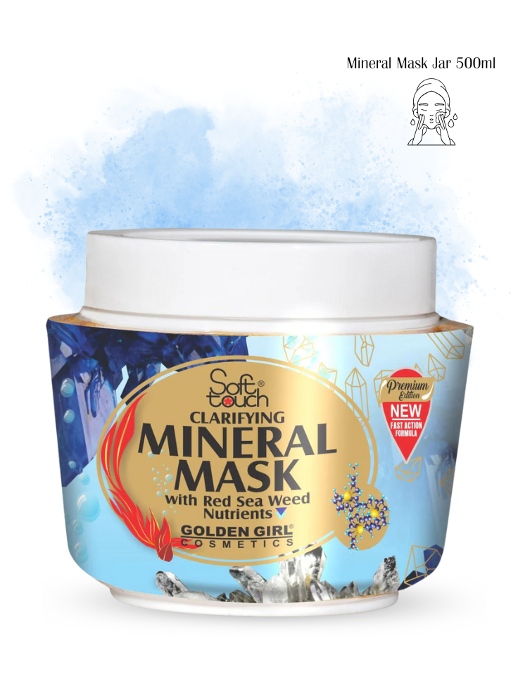 Jar of Clarifying Mineral Mask with blue and gold design on a white background