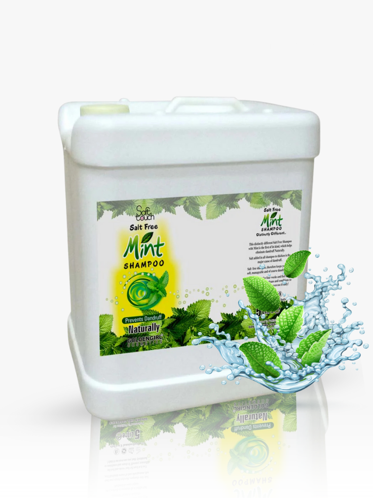White container of Mint Shampoo with mint leaves and water splash on a white background