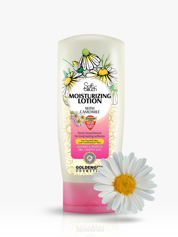 Moisturizing lotion bottle with camomile design and a daisy flower on a white background