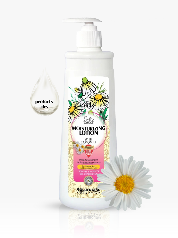 Moisturizing lotion bottle with floral design and daisy flower on a white background