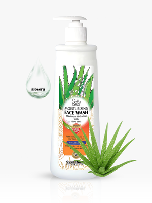 Face wash bottle with aloe vera leaves and droplet on a white background