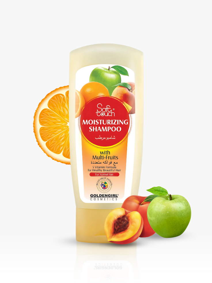 Moisturizing shampoo bottle with fruits on a white background