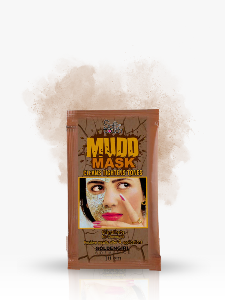 Muddy Mask packaging with a woman's face on a white background