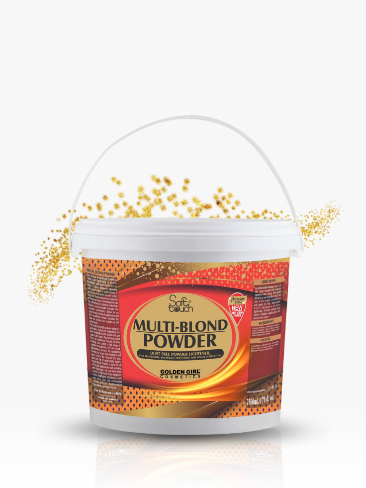 Container of Multi-Blond Powder with a label on a white background