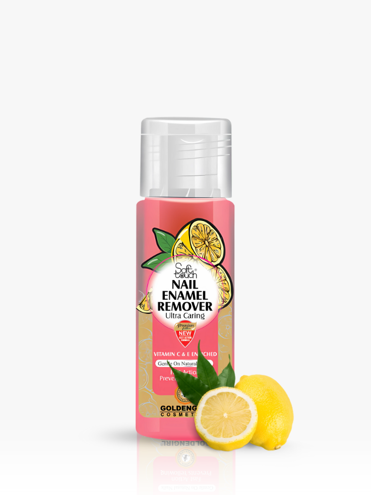 Pink bottle of nail enamel remover with lemon graphics on a white background
