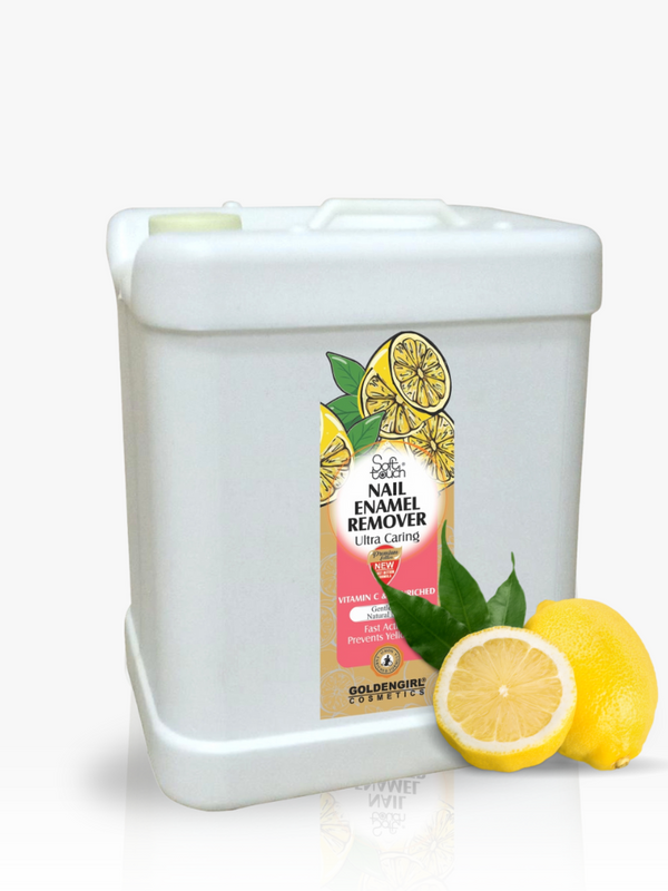 White container of nail enamel remover with lemon slices and leaves on a white background