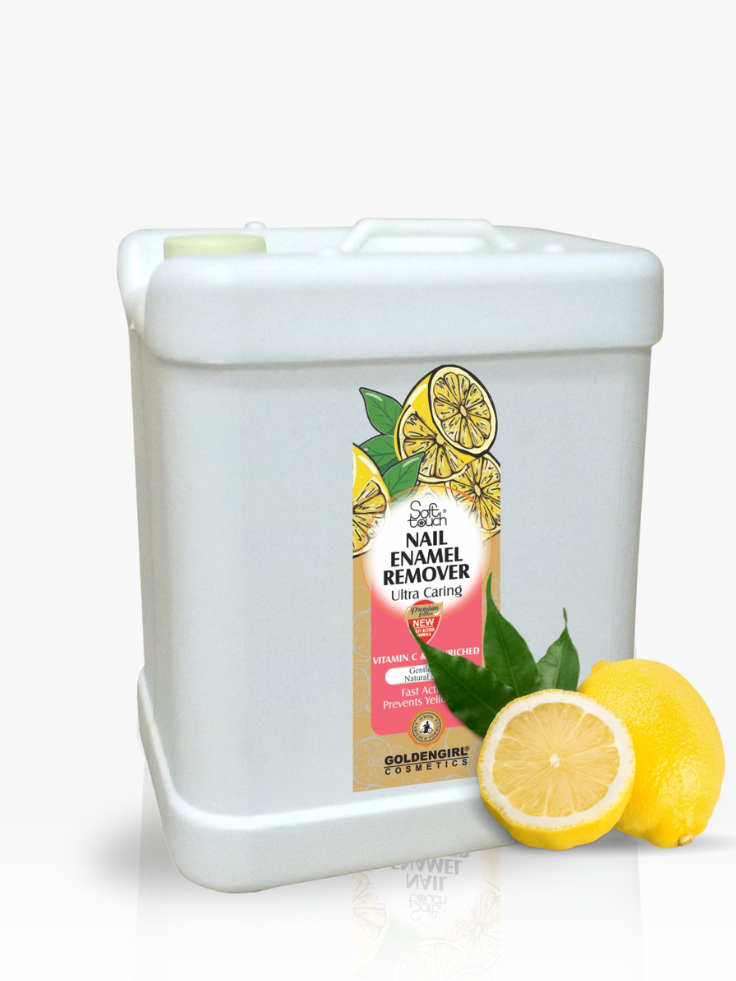 White container of nail enamel remover with lemon slices and leaves on a white background