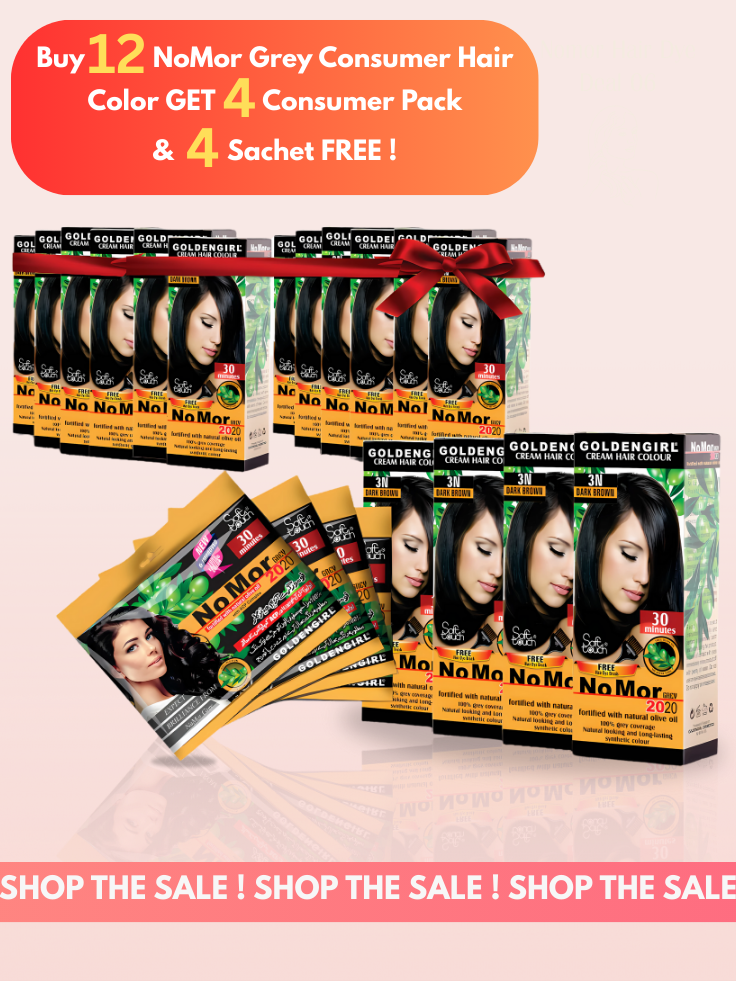 NoMoR hair color packaging with promotional text on a white background