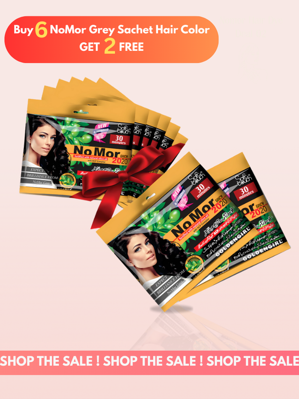 No Mor Grey Sachet Hair Color packages with promotional text on a light pink background