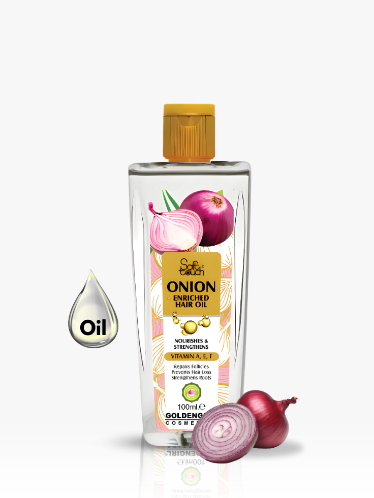 Bottle of onion enriched hair oil with packaging design on a white background