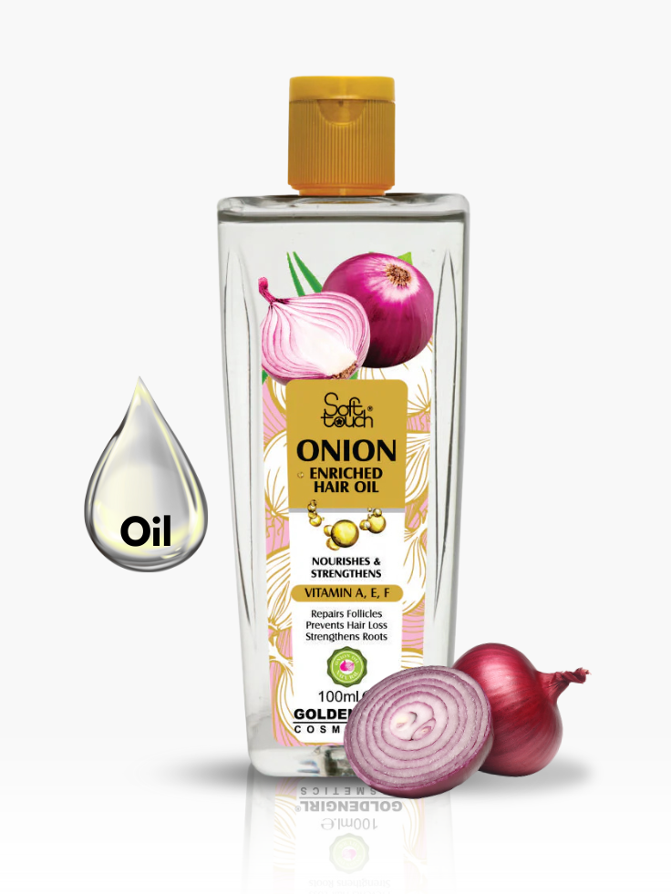 Bottle of Onion Enriched Hair Oil with packaging and ingredients displayed on a white background